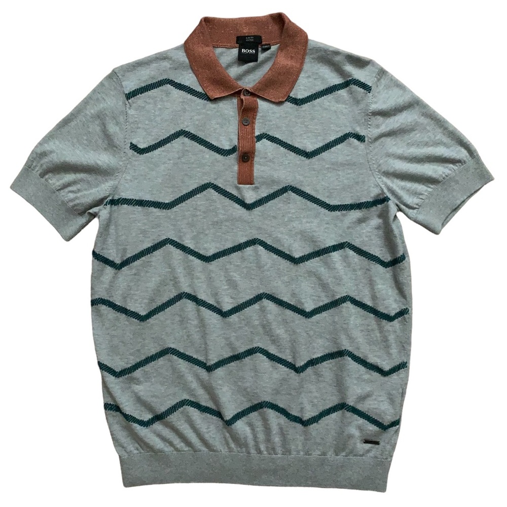 Hugo Boss Slim Fit Short Sleeve Polo Shirt Gray Striped Mens Size L